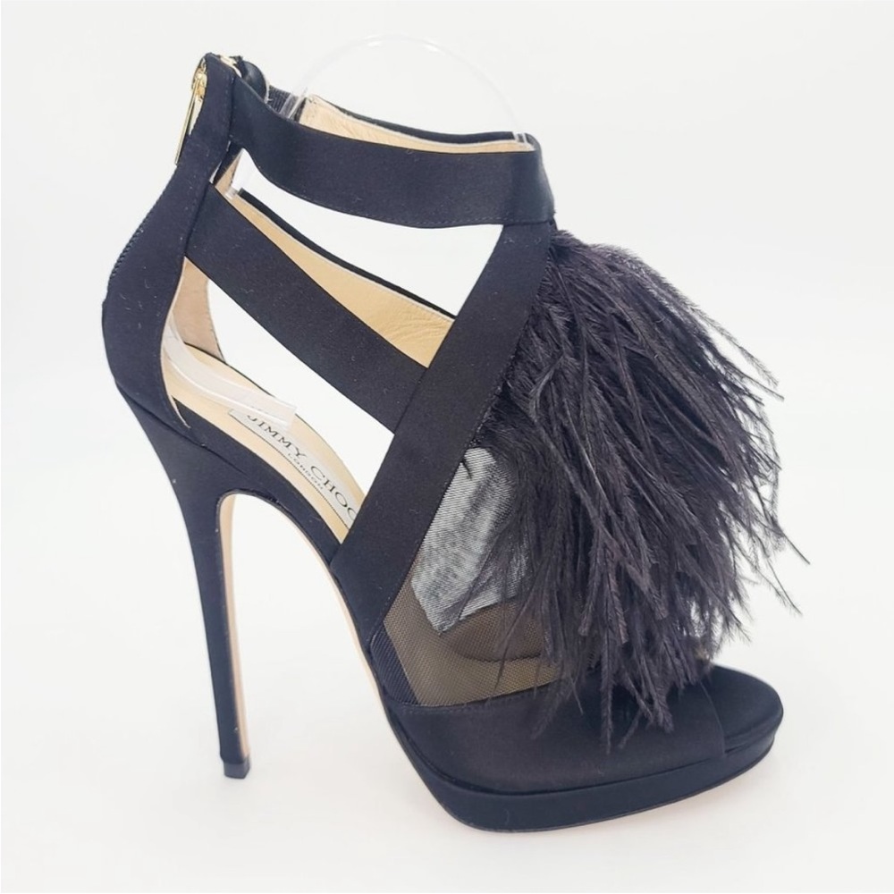 TAYLOR SWIFT Jimmy Choo Heels "TEAZER" Black Satin and Feather Sandals Size 39.5